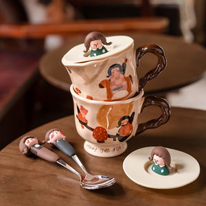 高颜值复古马克杯家用喝水陶瓷杯子可爱女生办公室早餐咖啡杯带盖