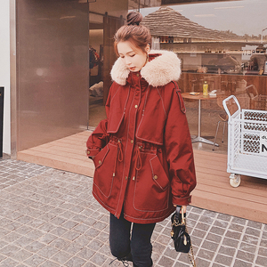 CHLENADY红色工装派克服女冬韩版收腰显瘦兔毛内胆小个子棉衣外套