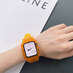 适用苹果手表带iwatch984567代SE冰川透明一体表带软壳果冻色男女