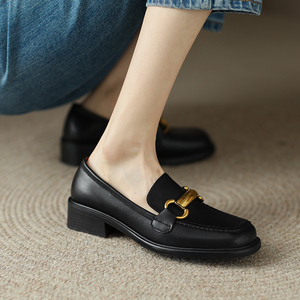 真皮3公分单鞋女夏款黑色乐福鞋女一脚蹬中跟百搭舒适宽头小皮鞋