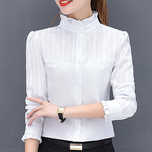 春季新款白色长袖立领衬衫衣女土加绒带绒百搭村杉讨忖寸衫衬衣褂