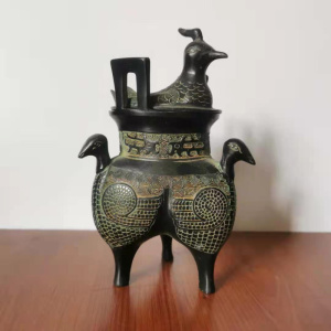 仿古青铜器三鸠鬲鼎风水复古摆件镇宅古玩包老浆客厅家居装饰礼品