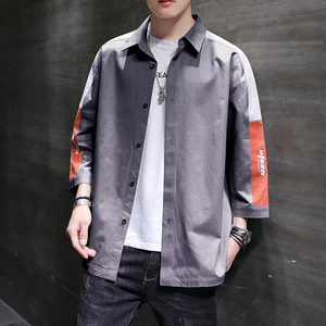 夏天男士短袖衬衫宽松工装7七分袖6休闲年轻靓仔搭配2021男装新款