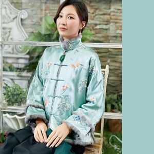 pcy1050蝶恋花古董衣刺绣元素中式复古水貂毛绣花棉衣棉袄秋冬女