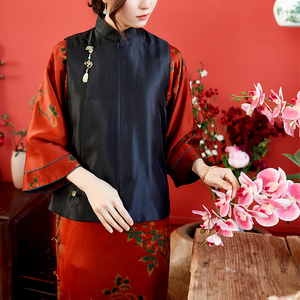 jcl1065玉牌缎面琵琶襟中式复古马夹背心女民清坎肩马褂四季穿女