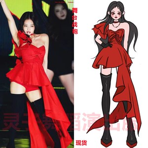 金智妮jennie同款红色露肩连衣裙演出服舞台年会主持歌手打歌舞服