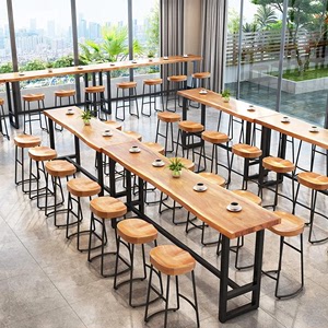 北欧实木吧台桌奶茶店咖啡厅长条铁艺餐桌便利店餐厅高脚桌椅组合