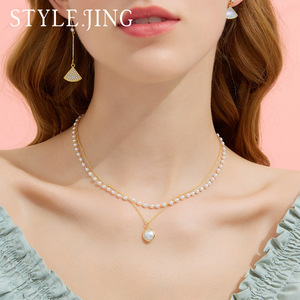 静风格项链女气质时尚镀14k金人工珍珠颈链双层叠戴choker锁骨链