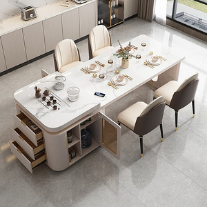 岛台一体餐桌家用法式岩板导台饭桌多功能可伸缩餐台组合高端轻奢
