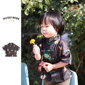 MUSSIBEBE男童汉服周岁黑色小动物对襟短袖年服上衣T恤纯棉中国风
