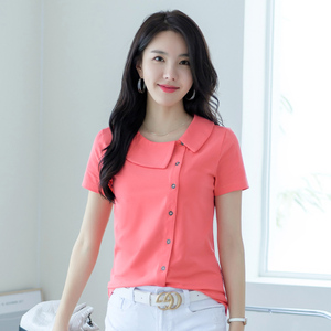 娃娃领t恤女短袖夏纯棉百搭洋气不规则上衣时尚宽松有领半袖体桖