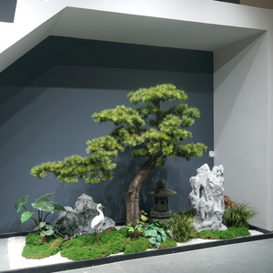 室内楼梯下仿真绿植迎客松景观造景酒店新中式别墅天井装饰摆件