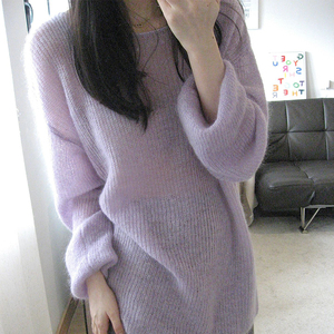 温柔紫色马海毛针织衫女春季宽松外穿慵懒风软糯毛衣套头罩衫上衣