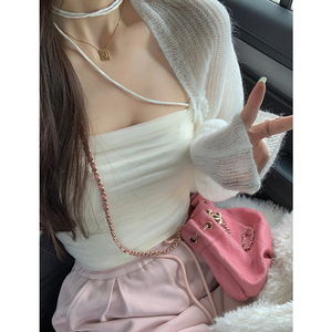 白色网纱吊带小背心女夏季薄款内搭性感纯欲风一字肩抹胸短款上衣