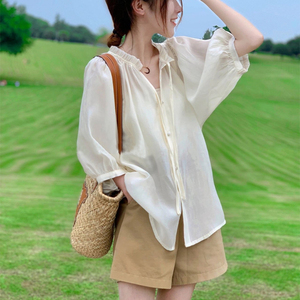 法式天丝短袖衬衫女夏设计感小众半袖衬衣泡泡袖雪纺衫很仙的上衣
