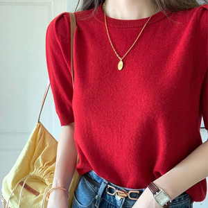 红色短袖针织衫女2024夏季法式短款上衣高级感超好看圆领套头T恤