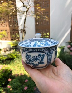 vintage 日本有田烧名家哲山作青花小盖杯茶杯