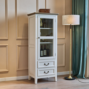 田园乡村白色实木单门玻璃高酒柜美式乡村客厅展示柜地中海储物柜