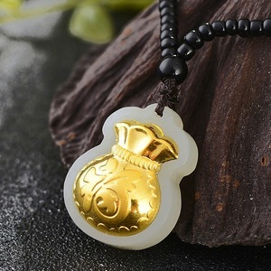 和田玉足黄金镶玉小钱袋吊坠金福袋天然玉坠福到临门项坠情侣饰品