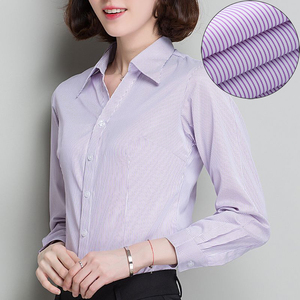 紫色竖条纹女士长袖衬衫修身大码免烫工装衬衣银行工作服职业寸衫