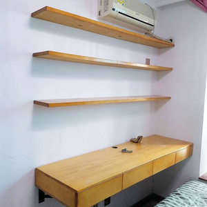 壁挂式一字板电脑书桌书架组合实木家用隐形悬空整墙上写字工作台