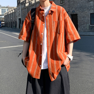 日系条纹橘色短袖衬衫男夏季2024新款潮流港风大码宽松休闲衬衣服