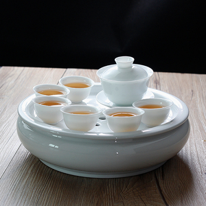 潮汕白瓷功夫茶具套装圆形鼓形储水茶盘10寸整套纯白陶瓷盖碗茶杯