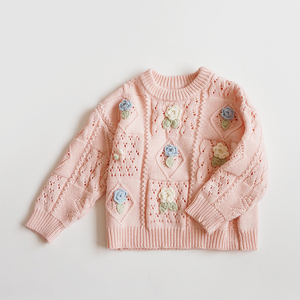 2021新款女童薄款毛衣宝宝纯手工钩花套头毛衣儿童圆领针织上衣