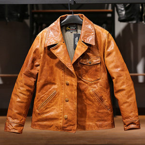2022冬焦糖橘色美式小熊马皮皮衣男西装领牛角扣真皮夹克