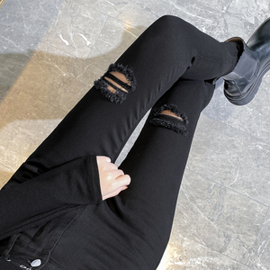 黑色破洞牛仔裤女膝盖漏洞乞丐破洞裤ins潮铅笔小脚紧身高腰显瘦