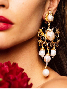 yuwelry欧美法式小众美学风天然巴洛克珍珠锆石吊坠气质耳夹耳环