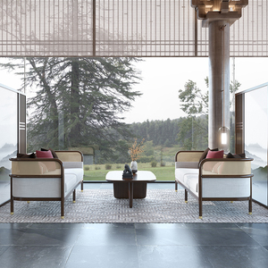 售楼处接待沙发新中式实木藤编休闲洽谈椅休息区桌椅组合家具定制