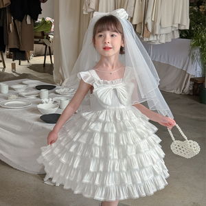 夏季新款公主裙洋装女孩周岁礼物白色连衣裙婚礼花童小礼服送头纱