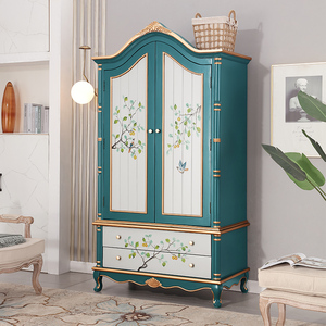 美式实木彩绘衣柜欧式两门挂衣柜韩式田园风格卧室家具大衣橱