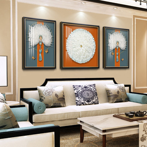 客厅装饰画新中式菩提叶沙发背景墙现代轻奢手工实物立体三联挂画
