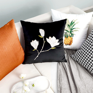 刺绣沙发抱枕 玉兰菠萝棉麻靠枕 北欧中式现代抱枕套客厅靠垫枕套