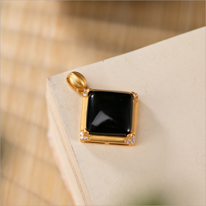 墨玉正方形吊坠 银镀金几何和田玉项链配坠 宫廷风汉服精美挂坠