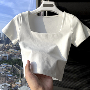 高腰短款性感t恤女上衣夏季2024新款紧身法式白色短袖方领打底衫