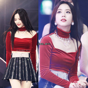 韩国女团舞台装金智秀jisoo同款演出服红色丝绒长袖 闪钻腰带短裙