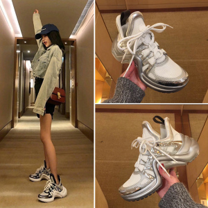 2021新款厚底松糕银色老爹鞋女拼色休闲圆头系带运动学生跑步鞋潮