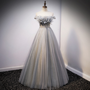 一字肩晚礼服女高贵公主风气质名媛长款宴会主持人仙气蓬蓬连衣裙