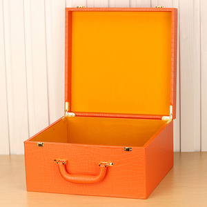高档箱包包装盒鳄鱼纹PU皮质橙色礼品盒木质手提皮盒黑色私人定制