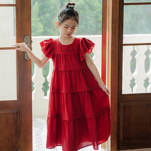 女童连衣裙夏装姐妹装红色长裙中大童法式蛋糕公主裙儿童飞袖裙子