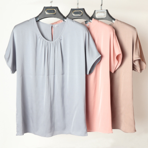 tina家春夏新款冰凉真丝衬衫圆领短袖宽松直身桑蚕丝t女装上衣