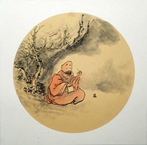 纯手工国画小品三尺斗方人物卡纸和尚禅意写意手绘原稿无款6017