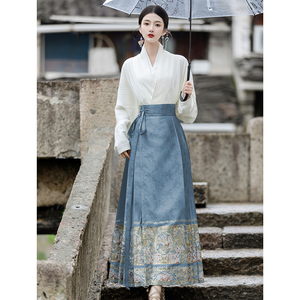 复古中国风女装优雅气质中式白色上衣搭配马面裙套装日常可穿秋冬
