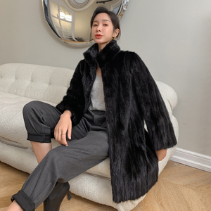黑色真水貂皮草外套女2021年新款大码裘皮海宁中长款外套拼貂大衣