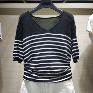 美欧哥弟菲2024夏季新款正品女装条纹v领简约显瘦针织衫短袖T恤女