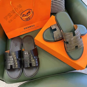 hermes/爱马仕2022新款夏男士鳄鱼纹全皮纯色一字拖男士拖鞋凉鞋