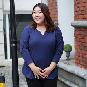 胖妞大码女装纯棉长袖t恤女200斤240胖mm秋装侧分叉中长款打底衫